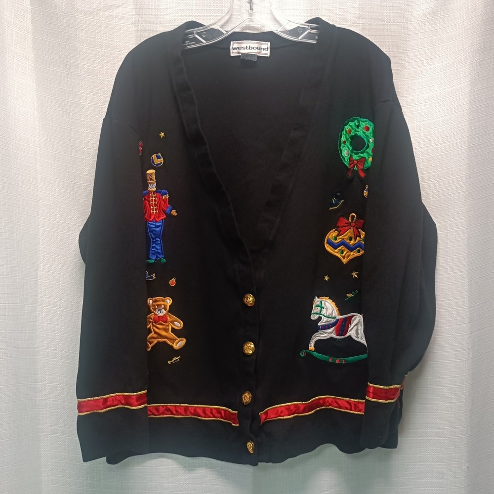 Westbound Vintage Christmas Cardigan Gold Buttons Embroidered Appliqué Size L‎